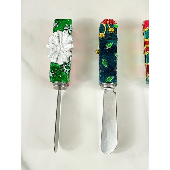 Boston Warehouse Cheese Butter Spreaders 90's Christmas 4 7/8 Stainless China x4 - Picture 7 of 13